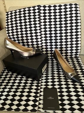 Coach Metallic Silver and Black Pointed Toe Kitten Heels